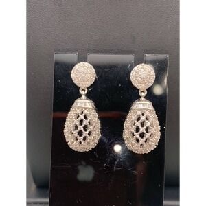 Sparkly Open Work Silver Tone Pave Dangle Pierced Earrings